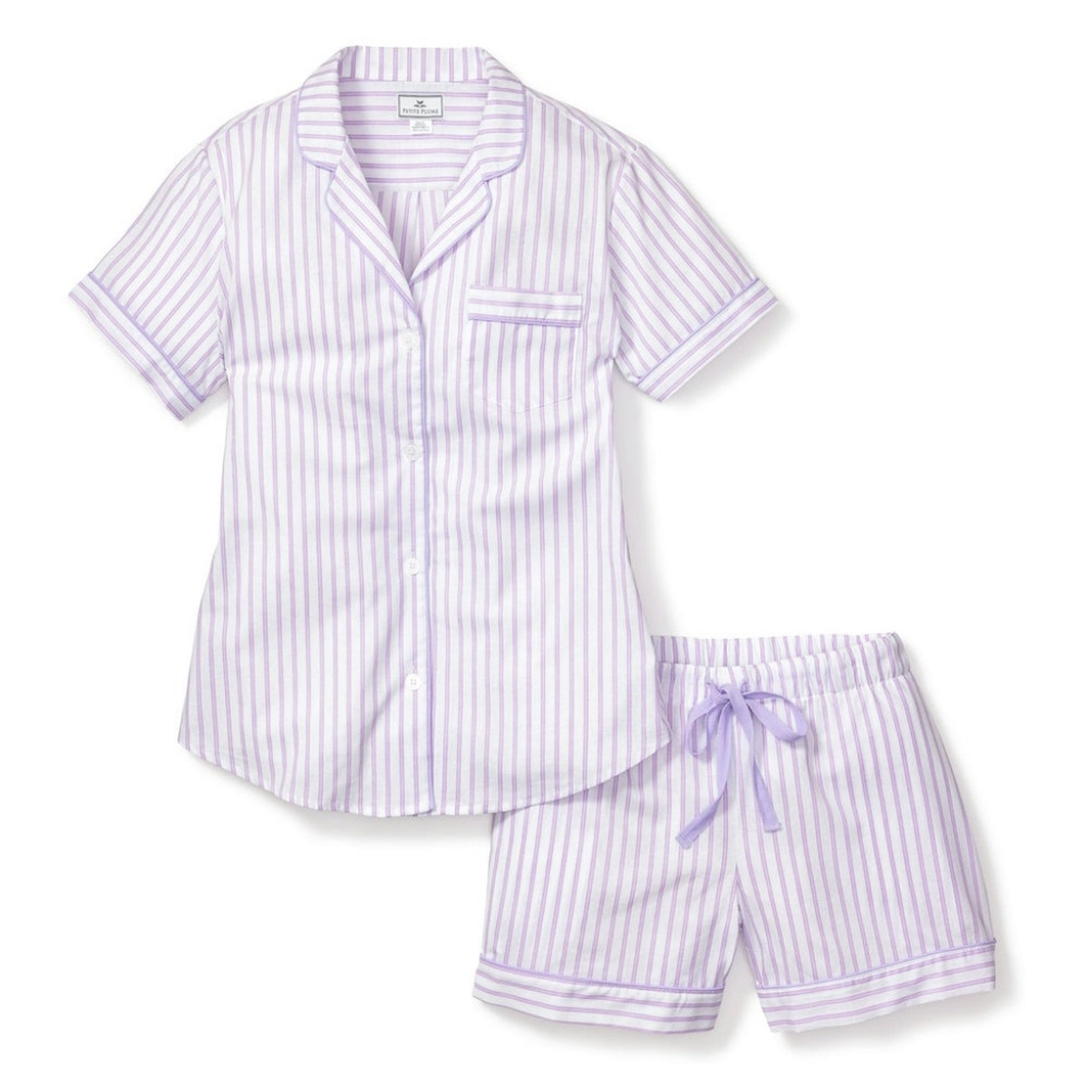 Petit Plume Short Sleeve & Shorts Pajamas Set in Lavender Ticking Stripe